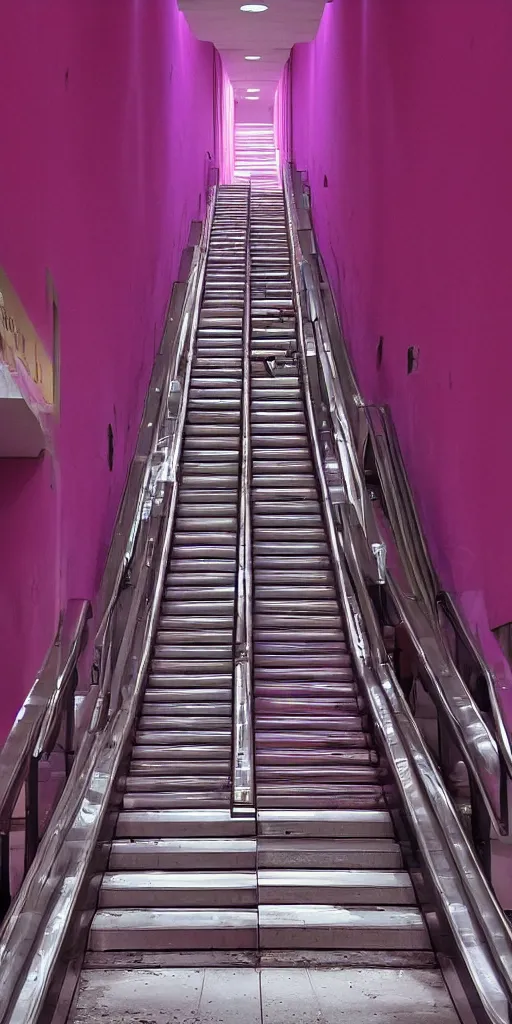 Image similar to 1980s color magazine photo of an escalator in an abandoned mall with pink walls, with interior potted palm trees, decaying dappled sunlight, cool purple lighting