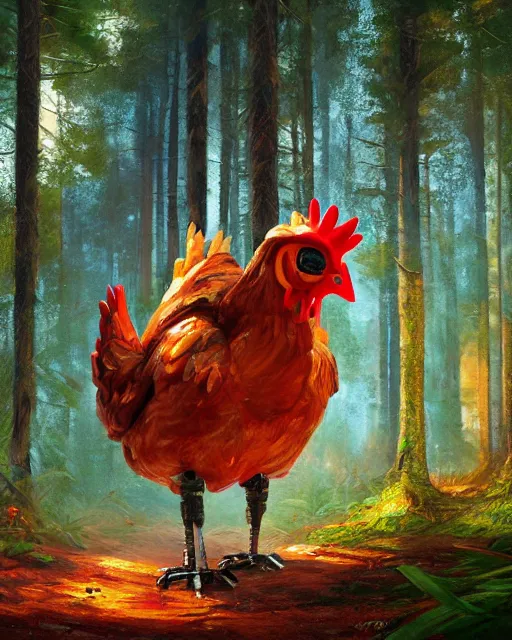 Prompt: giant chicken robot walking in a forest, colorful detailed digital painting, concept art, Darek Zabrocki