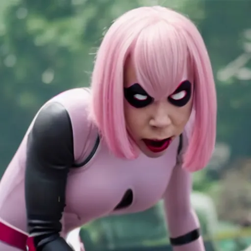 Prompt: A still of Gwenpool in Deadpool 3 (2023), blonde hair with pink highlights