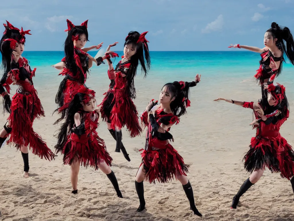 Image similar to babymetal 3 members performing on a tropical beach beautiful, scenery, highly detail face, dynamic pose, High Definition detail, 8K, photography