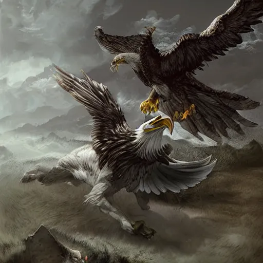 Prompt: epic battle of wolf and eagle in the style by ricardo ow, digital art, highly detailed, fantasy