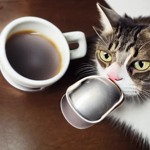 Prompt: cat is drinking cup of coffee