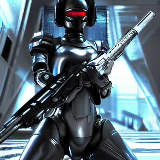 Image similar to a portrait of a manga character in a futuristic room, black and shiny cyber armor, handling a gun, highly detailed, render, vray, octane, realistic lighting, by nihei tsutomu