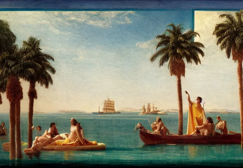 Image similar to Palace floating in the sky, caravels, thunderstorm, greek pool, beach and palm trees on the background major arcana sky, by paul delaroche, hyperrealistic 4k uhd, award-winning, very very very detailed