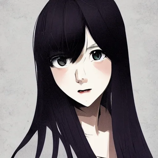 Prompt: portrait of a beautiful korean girl with very long hair and bangs, angular features, angry expression, wearing a black hoodie, in the style of studio trigger, extremely clean lines, anime and manga style, anime concept art