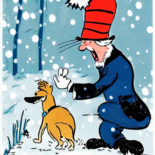 Prompt: a happy man petting a happy dog in the snow, illustration by dr. seuss