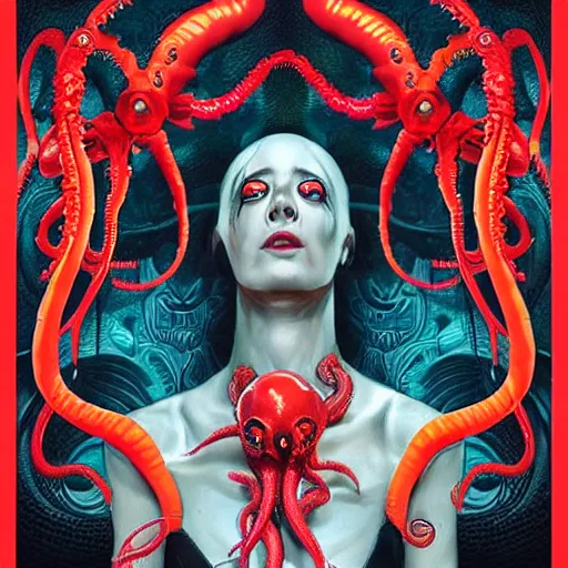 Image similar to scorn giger venom alien doom zdislaw bekinski horror hell alien tentacles satan fire flame octopus, beautiful underwater redhead ballerina portrait as a belly dancer, pixar style, by tristan eaton stanley artgerm and tom bagshaw.