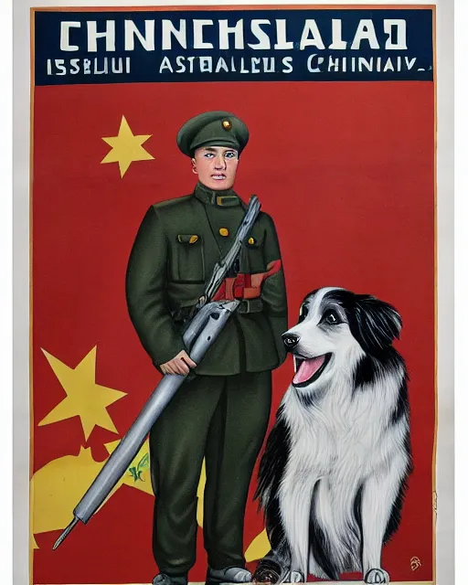 Image similar to communist propaganda poster of an australian shepherd soldier, communist china art