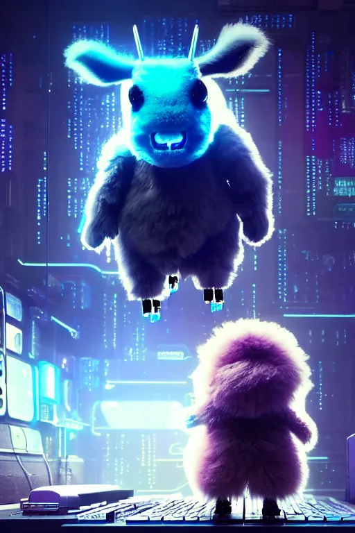 Image similar to high quality 3 d render very cute neuromancer fluffy! cyborg cow playing! keyboard!!, highly detailed, unreal engine cinematic smooth, in the style of blade runner & detective pikachu, hannah yata charlie immer, moody light, low angle, uhd 8 k, sharp focus