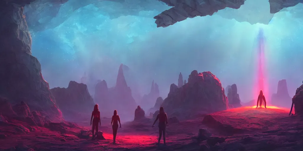 Prompt: ancient alien portal, crowd of androids, beams of light from sky, matte painting, dreamscape, stars, global illumination, the great beyond, trending on artstation, color palette of movie mandy 2 0 1 8