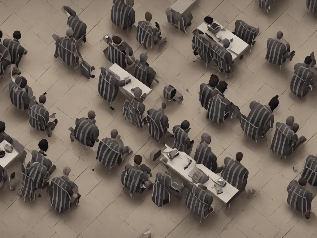 Prompt: Inmates in striped suits sitting around a television bolted to the wall, rule of thirds, rendered in octane, rendered in Corona, rendered in vray, rendered in Arnold, insanely detailed, photorealistic, cinematic, global illumination, no grain