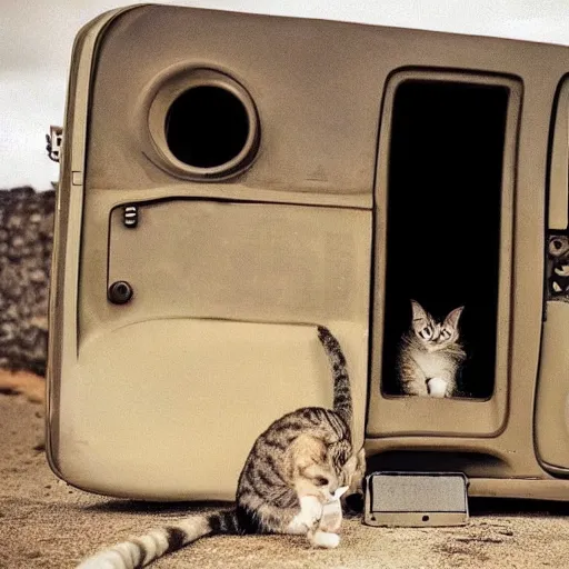 Prompt: no man's but cats as travellers