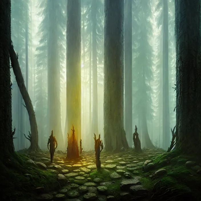 Image similar to the forest council, gods, environment, illustration, symmetrical, smoky, unreal engine, colors, epic scene, fantasy art by greg rutkowski, octane redner, golden raito, high quality, intricate details, highly details, intricate, atmosphere, highly detailed, matte painting, cinematic, deviantart, realistic, concept art, 4 k