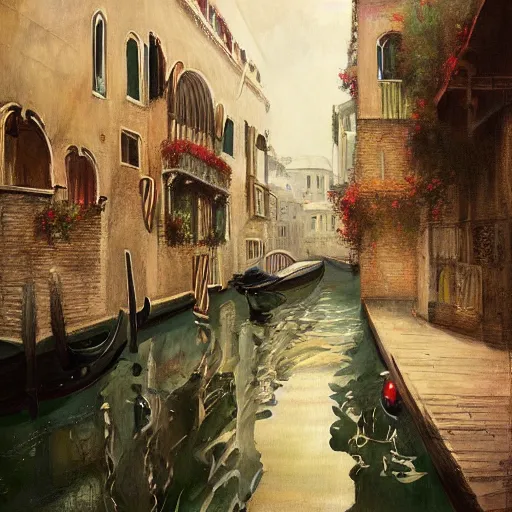 Prompt: a beautiful painting of ophelia, slowly drifting away in a venice canal, hyperdetailed, realistic, ruan jia, greg rutkowsky