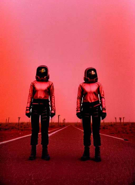 Image similar to photographic portrait shot on cinestill 5 0 d of two loving clones, techwear women on a desolate plain with a red sky, a brutalist dark metal facility in the background, dust storm, 3 5 mm, 8 k, depth of field, high resolution, ultra realistic faces