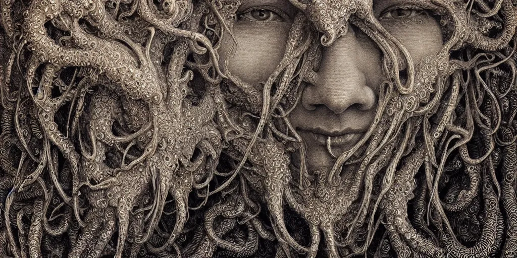 Image similar to detailed realistic beautiful tyrolean farmer hay monster god face portrait by jean delville, gustave dore, iris van herpen and marco mazzoni, art forms of nature by ernst haeckel, art nouveau, symbolist, visionary, gothic, neo - gothic, pre - raphaelite, fractal lace, biodiversity, surreality, hyperdetailed ultrasharp octane render