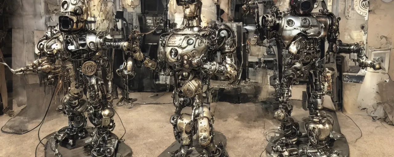 Image similar to advanced complex steampunk, terminator, robot, borg VR headset, vintage photo