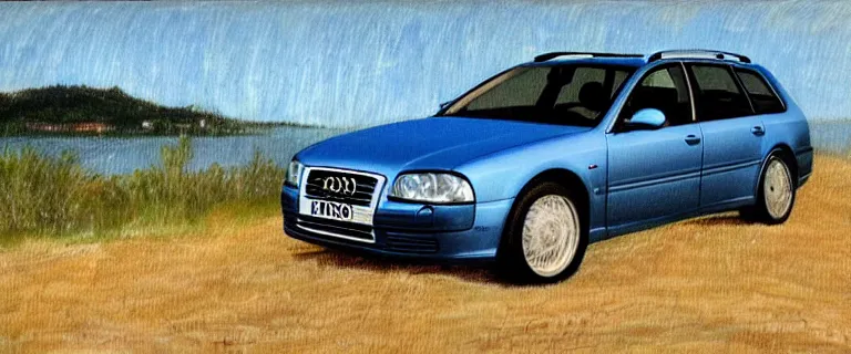 Prompt: Denim Blue Audi A4 B6 Avant (2002) landscape painting in the style of 19th century Hudson River School art