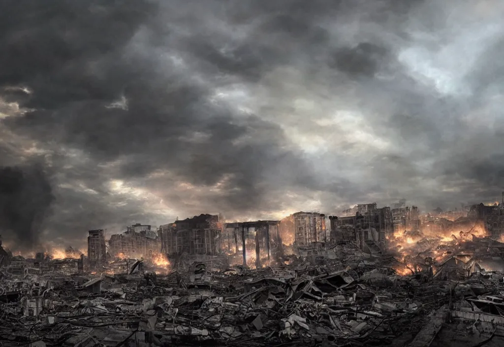 Prompt: a photo of an awesome dramatic apocalyptic vista scene with smoke and destroyed buildings, dramatic lighting