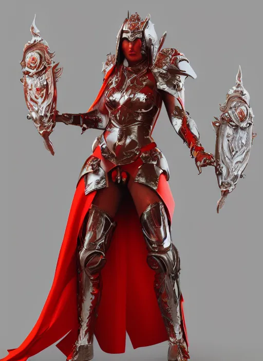 Image similar to Goddess Venus wearing leather fantasy battle armor with a red cloak by Ilya Kushvikov, symmetrical face concept art, octane render unreal engine meta humans, trending on artstation