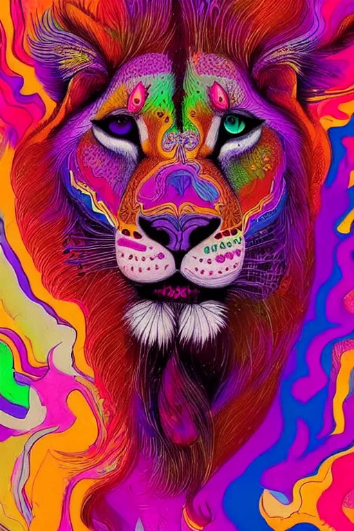 Image similar to An extremely psychedelic abstract illustration of an lioness head on female body , colorful, surreal, dramatic lighting, side profile, magic mushrooms, psilocybin, LSD, detailed, intricate, elegant, highly detailed, digital painting, artstation, concept art, smooth, sharp focus, illustration, art by Krenz Cushart, greg rutkowski and zdzislaw beksinski and alphonse mucha, unreal engine 5 render, 8k