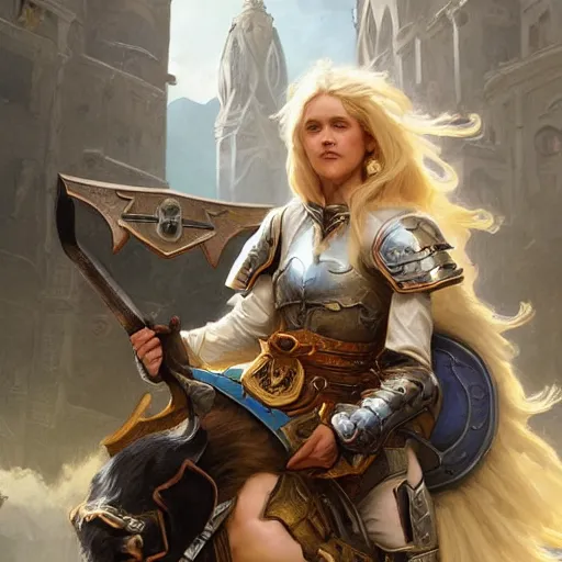 Prompt: a blonde paladin woman holding her shield up fighting a giant goat on the streets of a fantasy town, d & d, fantasy, highly detailed, digital painting, artstation, concept art, character art, art by greg rutkowski and tyler jacobson and alphonse mucha