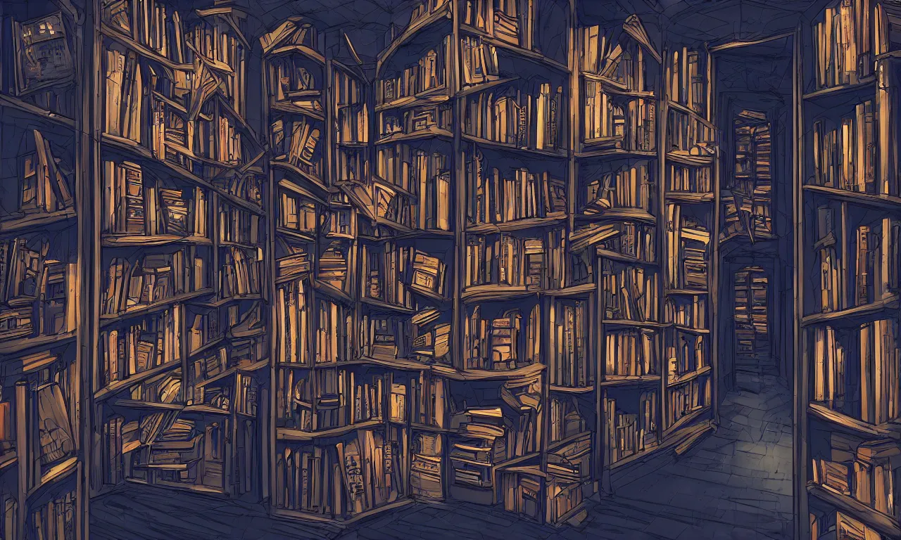 Prompt: Visual novel background. Dark scary horror corridor with bookshelves everywhere by Taras Susak, artstation, dark blue color scheme