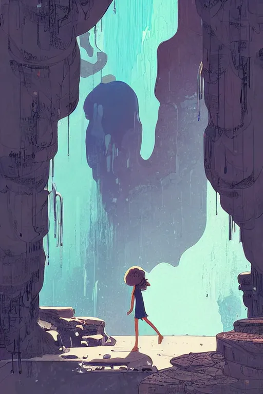 Prompt: a girl sneaking behind a giant wooden door with archaic symbols embedded onto it, in a cave with the waterfall, digital art, illustrated by pascal campion and moebius and victo ngai, comics style