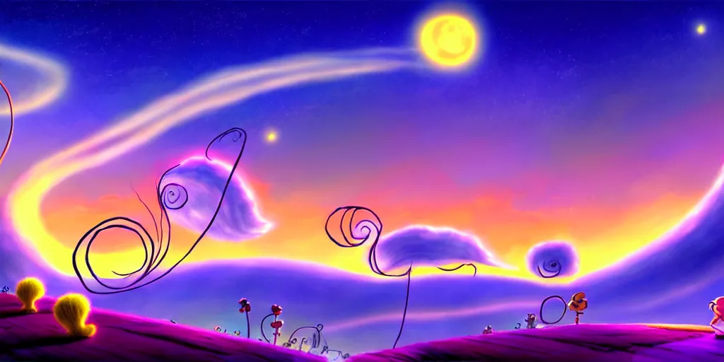 Prompt: cartoon concept art, calm night nightscape, spiral clouds, from lorax movie