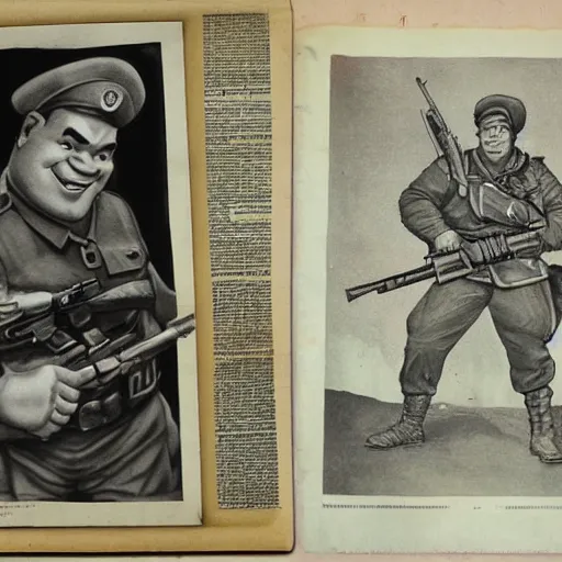 Prompt: soviet newspaper with photo of shrek as soviet sniper of red army, with rifle, ww 2, portrait