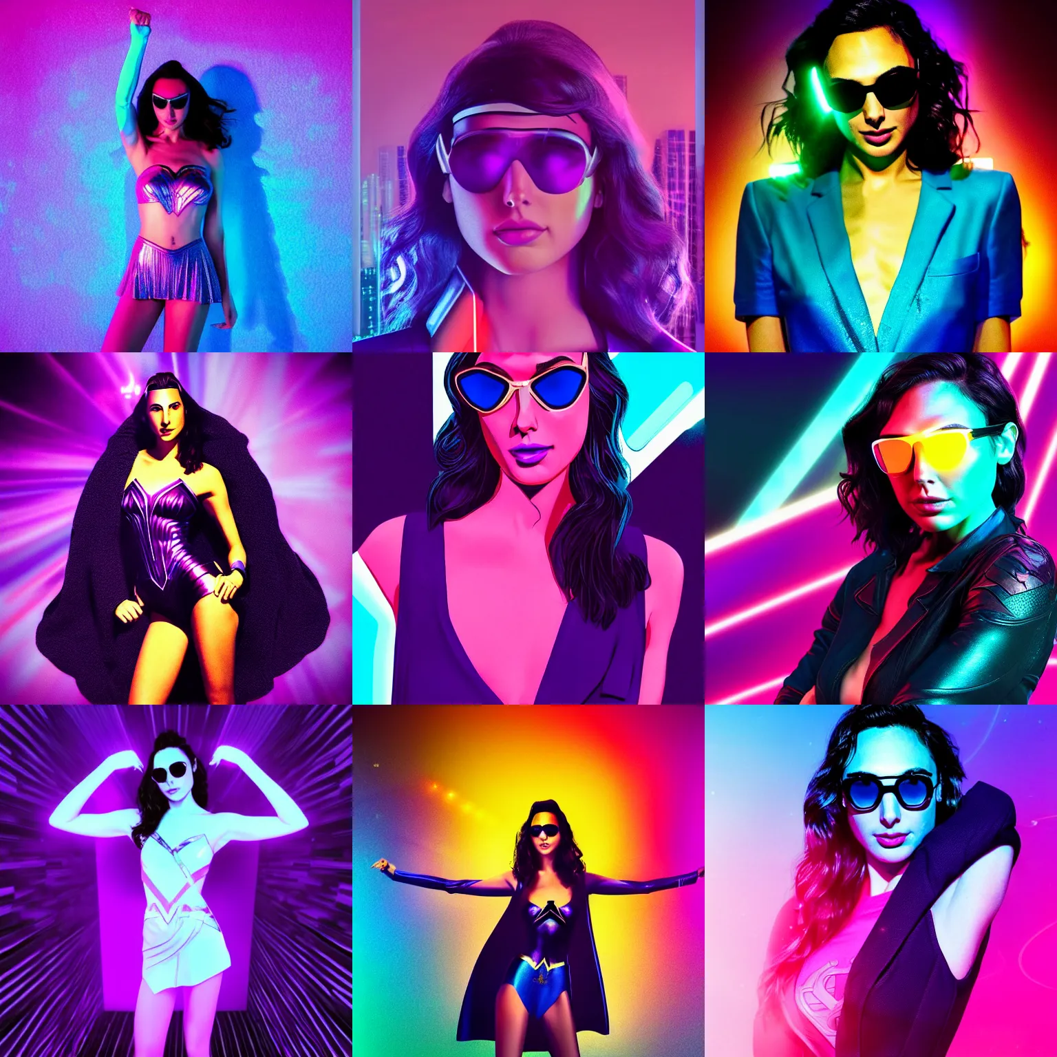 Prompt: gal gadot with sunglasses holding his hands together, blue lighting on the left and purple lighting on the right, dark wall background, a character portrait by oliver sin, instagram contest winner, aestheticism, bryce 3 d, synthwave, retrowave