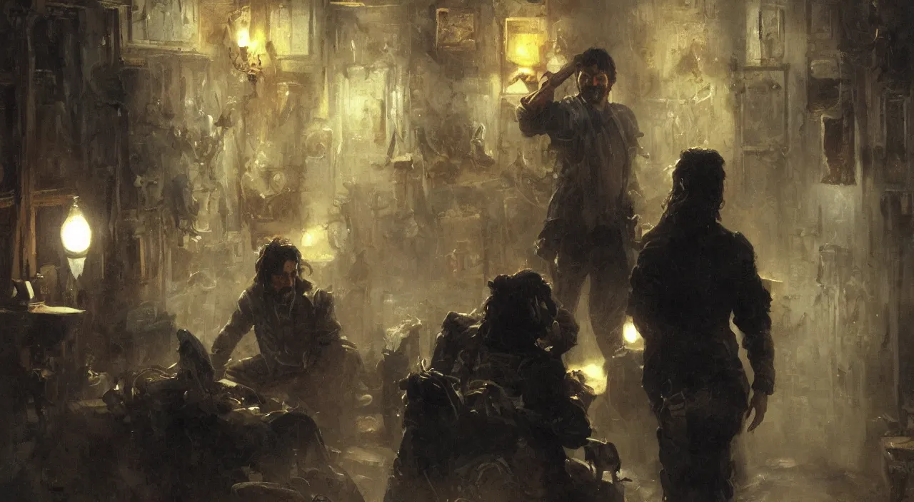 Image similar to one man with black hair and beard, wearing a black jacket, white shirt and jeans, trying to desperately escape a white, dimly lit room, highly detailed painting by gaston bussiere, craig mullins, 8 k