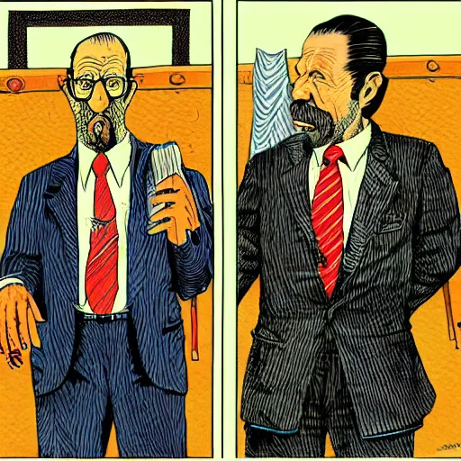 Prompt: The Artwork of R. Crumb and his Cheap Suit Frank Costello, pencil and colored marker artwork, trailer-trash lifestyle