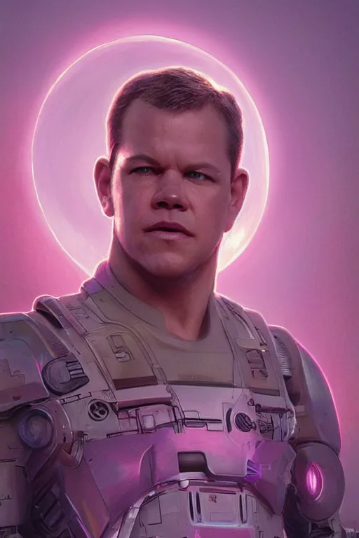 Image similar to matt damon robotic clothes in the beach purple sun, pink lighting ultra realistic photorealistic highly detailed high quality, a stunningly, digital painting, artstation, concept art, smooth, sharp focus, illustration, art by artgerm and greg rutkowski and alphonse mucha 8 k