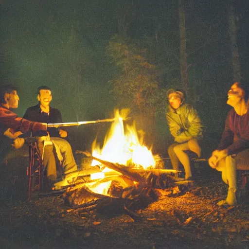 Image similar to beaver being spit roasted over a campfire at night, photograph