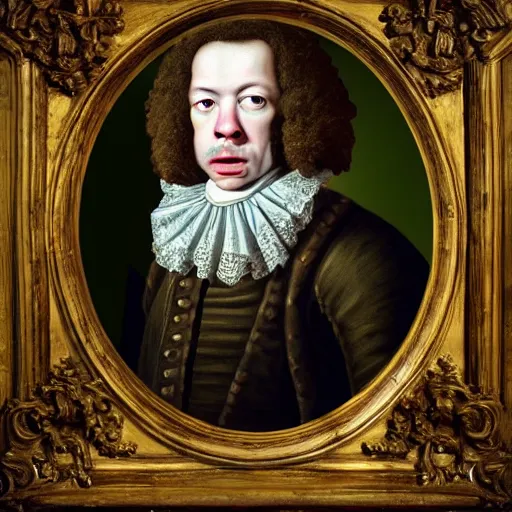 Image similar to A 17th century Baroque Painting of Dean Ween, grainy, realistic, hyperrealistic, very realistic, very very realistic, highly detailed, very detailed, extremely detailed, detailed, digital art, trending on artstation, detailed face, very detailed face, very detailed face, realism, HD Quality, 8k resolution, intricate details, body and head in frame, painting, oil painting, trending on deviantart, Baroque Painting