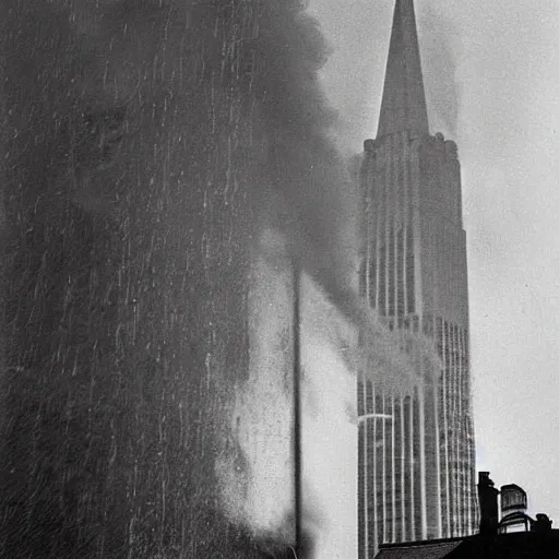 Prompt: san francisco, transamerica building on fire, rain, historical photograph