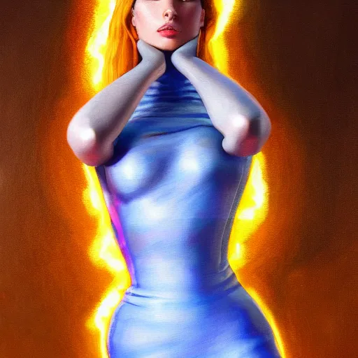 Image similar to a painting of a female in skintight dress. by randolph hewton and edward robert hughes. trending on artstation, highly detailed, volumetric lightning, cinematic lightning