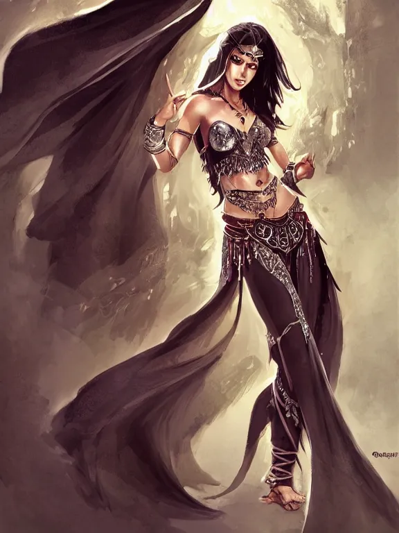 Prompt: picture of gorgeous combat belly dancer, dark skin, symmetrical face, midriff, sarouel pants, sandals, elegant, silver decoration, dnd, high fantasy, matte digital illustration, by rossdraws, ralph horsley, pixiv