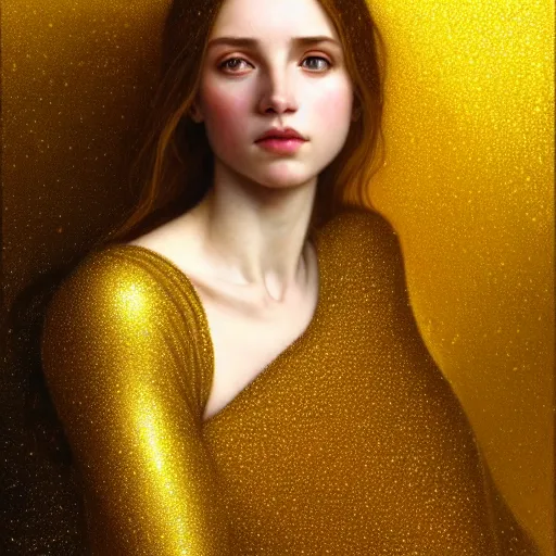 Image similar to portrait of a girl surrounded by shimmering reflective gold flakes, face, fantasy, intricate, elegant, dramatic lighting, highly detailed, lifelike, photorealistic, digital painting, artstation, concept art, smooth, sharp focus, illustration, art by John Collier and Krenz Cushart and Artem Demura and Alphonse Mucha and and Albert Aublet