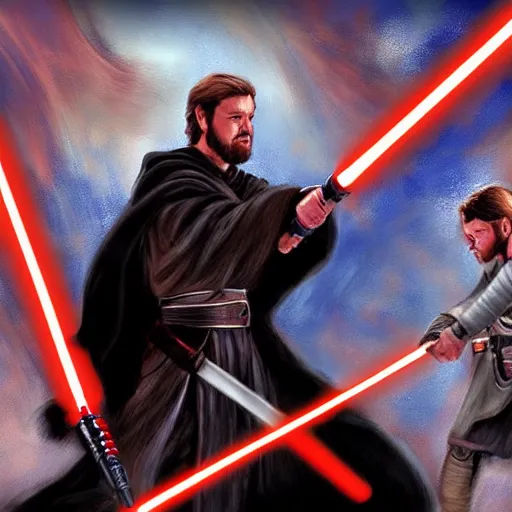 Prompt: obiwan fighting anakin with lightsabers digital art painting