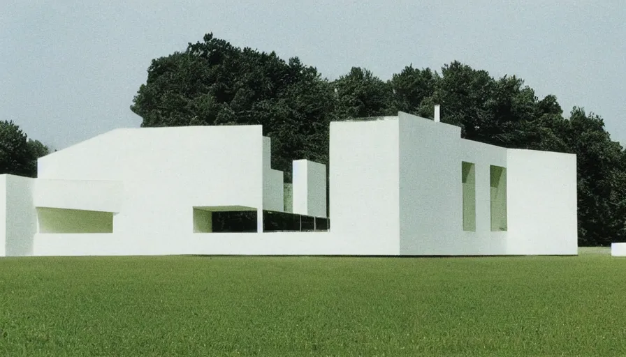 Image similar to a large white building sitting on top of a lush green field, an art deco sculpture by Bauhaus, cg society, bauhaus, panorama, art deco, 1970s