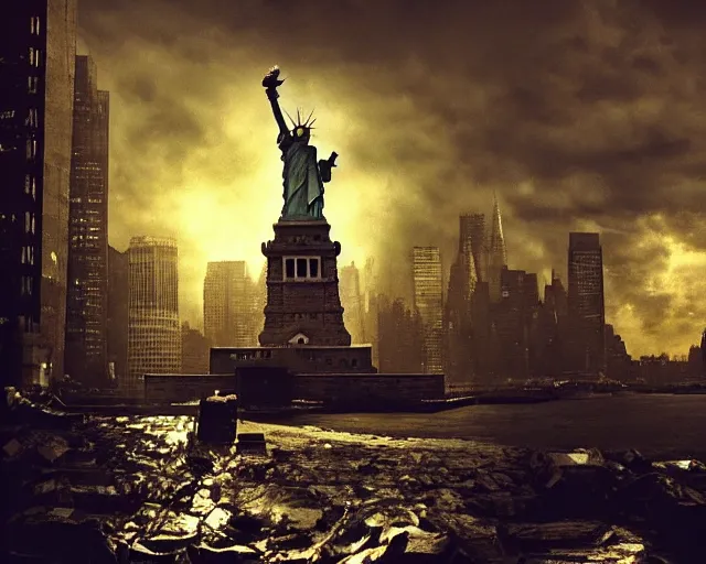 Image similar to Donald Trump attcking the Statue of Liberty in Manhattan, post apocalyptic New York, craig mullins, dramatic lighting, very detailed