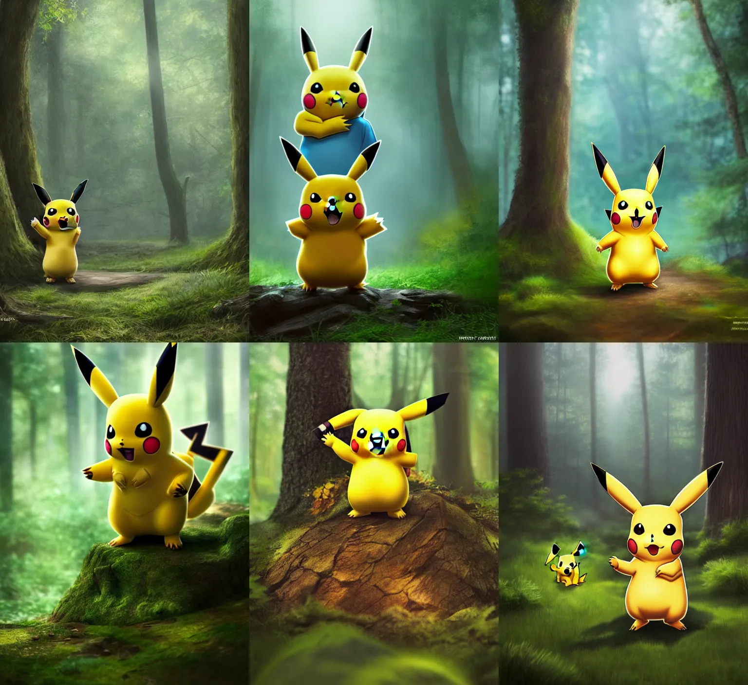 Prompt: A pikachu in a forest, highly detailed, digital painting, trending on artstation, concept art, octane render, tone mapping, smooth, sharp focus, illustration