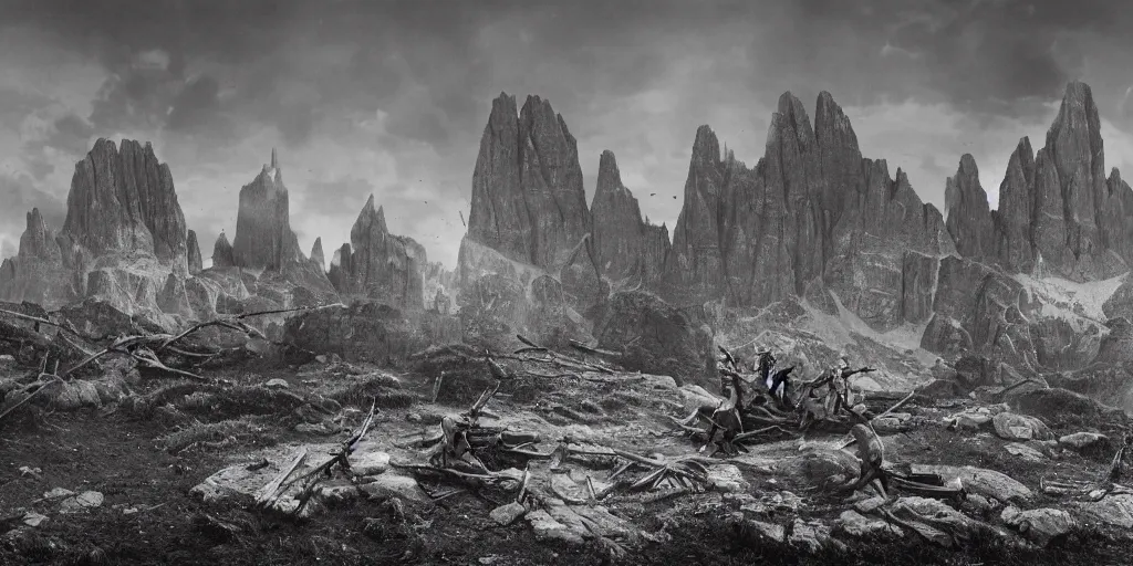 Image similar to 1920s photography of witch-hunt, dolomites in the background, occult signs, witch burning, pyre, solstice fire, alp, dolomites, alpine, detailed intricate insanely detailed octane render, 8k artistic 1920s photography, photorealistic, black and white, chiaroscuro, hd, by David Cronenberg, Raphael, Caravaggio