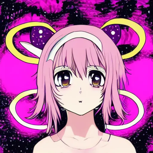 Prompt: digital card art of anime (cat) girl with cat ears surrounded by magic circles. Short hair. Pink hue. Highly detailed. Beautiful
