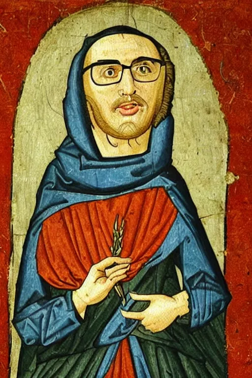 Prompt: medieval painting of anthony fantano