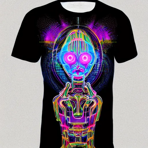 Image similar to black tshirt with a hyperdetailed portrait of a futuristic trippy atompunk meditating robot, 8 k, symetrical, flourescent colors, halluzinogenic, multicolored,