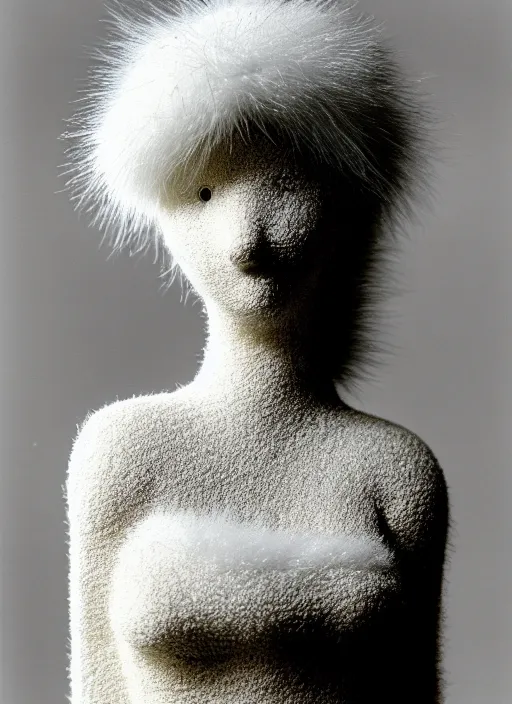 Image similar to realistic photo of a human model doll made of wood and covered with white dots, with a birds beak instead of the nose, white hairs and fluffy fur, center straight composition, front view 2 0 0 0, life magazine photo, museum archival photo