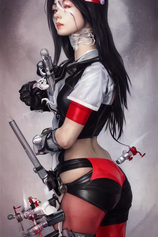 Image similar to cute covid - 1 9 nurse girl holding a syringe, wearing bikini nurse armor, black and white and red catsuit, cyberpunk, dc comics, gothic, by tom bagshaw and alphonse mucha and moebius and artgerm and and greg rutkowski and hajime soriyama, ultra detailed, hyper realistic, octane render, trending on artstation